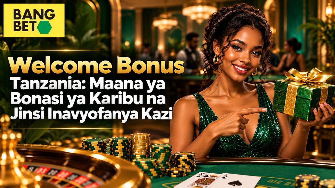 Mwanamke aliyevaa mavazi ya kijani akishikilia zawadi ya sanduku la bonasi karibu na meza ya kamari na chipsi za kasino