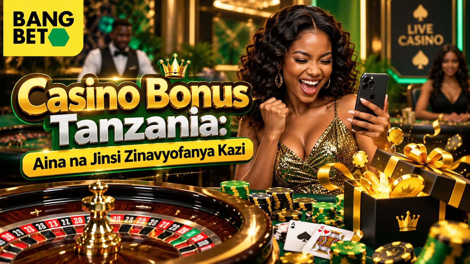 Mwanamke mwenye nywele za kusuka akiwa ameshikilia simu ya mkononi na kutabasamu karibu na meza ya live casino na masanduku ya zawadi za bonasi