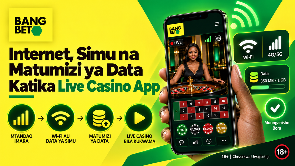 Matumizi ya Data na Internet Kwenye Live Casino App Tanzania Mkono unayeshika simu inayocheza mchezo wa roulette wa live casino na alama za Wi-Fi na mtandao