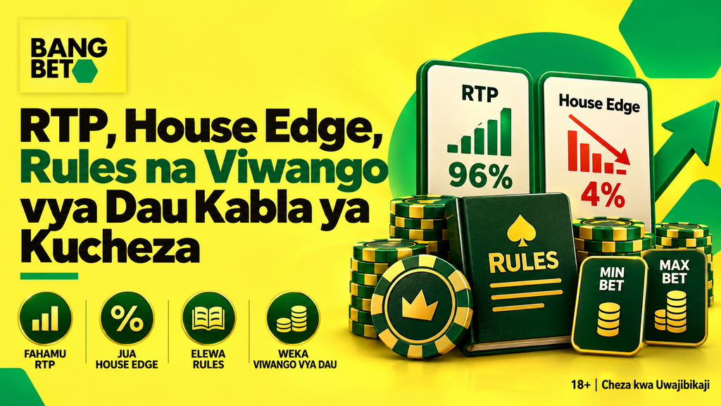 Picha ya rundo la sarafu za kasino pembeni ya mabango yanayoonyesha asilimia za RTP na House Edge