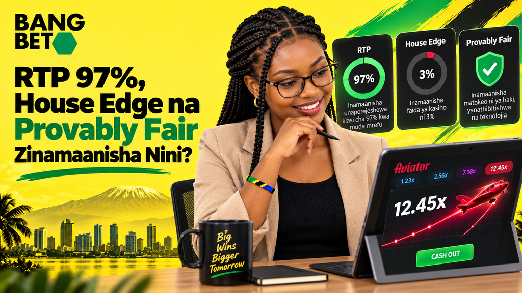 Mwanamke anayetazama kompyuta kibao yenye takwimu za RTP ya asilimia 97 na teknolojia ya Provably Fair
