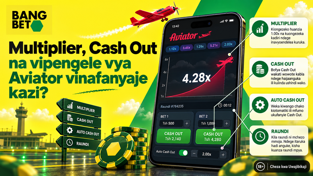 Multiplier, Cash Out na Vipengele vya Aviator Vinavyofanya Kazi Picha ya simu inayoonyesha multipliers na vipengele vya Cash Out na Auto Cash Out kwenye mchezo wa Aviator
