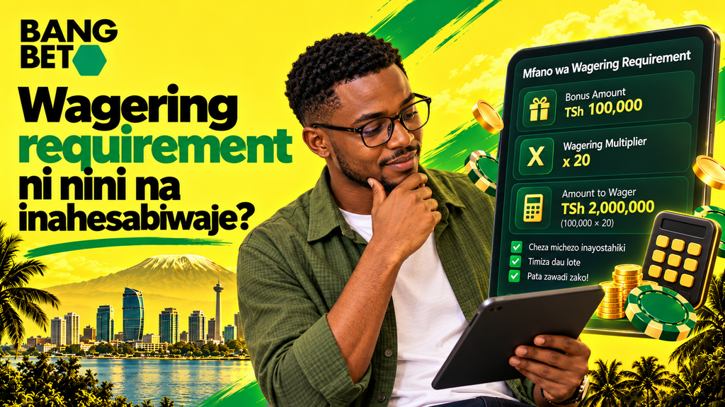 wagering-requirement-ni-nini-na-inahesabiwaje-bangbet Mwanaume akitumia kishikwambi kinachoonyesha mfano wa hesabu ya Wagering Requirement ya bonasi ya casino.