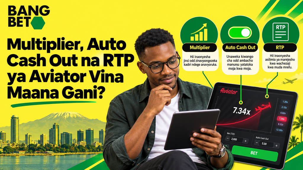 multiplier-auto-cash-out-na-rtp-aviator-tanzania Mchezaji akijifunza kuhusu Multiplier, mfumo wa Auto Cash Out na kiwango cha RTP kwenye kioo cha mchezo wa Aviator BangBet.
