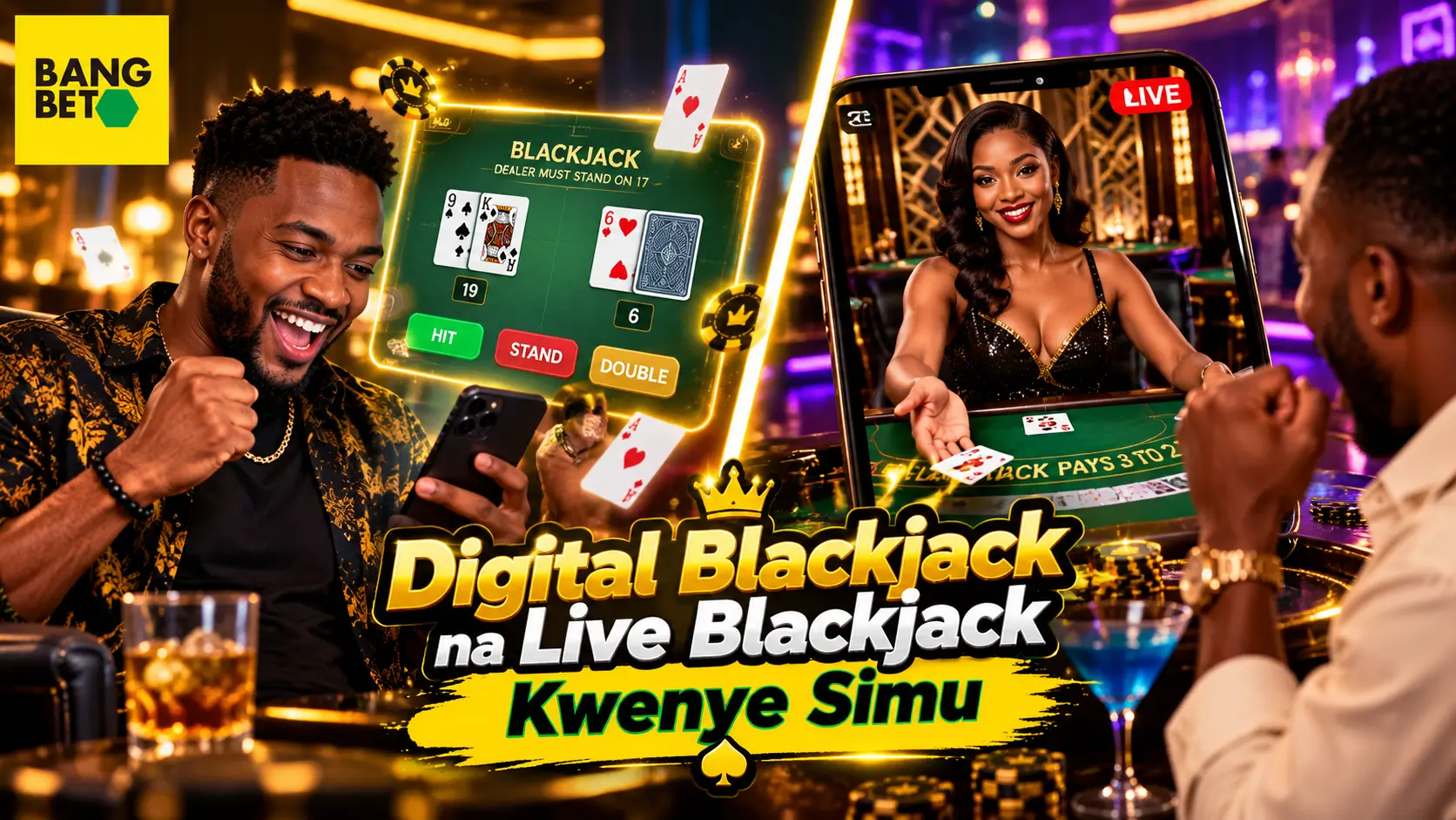 Picha ikionyesha mchanganyiko wa mchezo wa Digital Blackjack na Live Blackjack wenye muuzaji wa moja kwa moja kupitia simu.