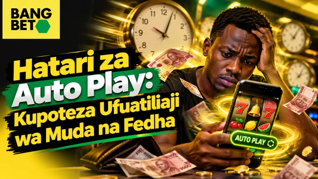 Mchezaji mwenye mwonekano wa wasiwasi na msongo wa mawazo akishika kichwa huku akitazama simu yenye mchezo wa slots na kitufe cha AUTO PLAY, huku saa ukutani na noti za Shilingi za Tanzania zikizunguka.