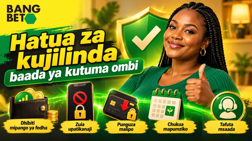 Hatua za Kujilinda na Kudhibiti Tabia Baada ya Kusitisha Kamari Mwanamke wa Kitanzania aliyeonyesha alama ya vyema kando ya ikoni za kudhibiti fedha, kuzuia upatikanaji, na kutafuta msaada wa ushauri.