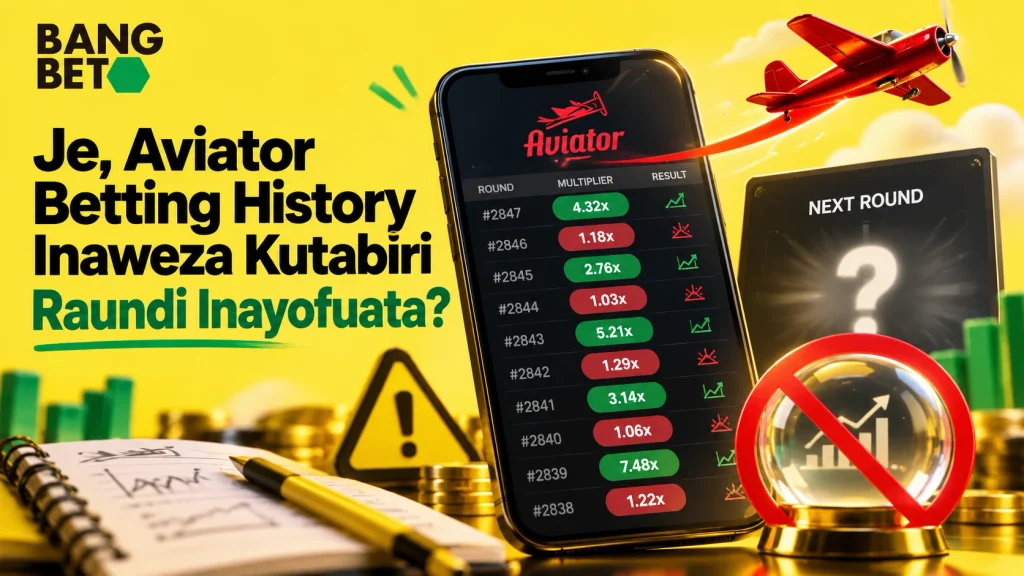 Picha ikionyesha jedwali la historia ya Aviator pamoja na alama ya kuuliza ikionya kuwa matokeo ya nyuma hayawezi kutabiri yajayo.