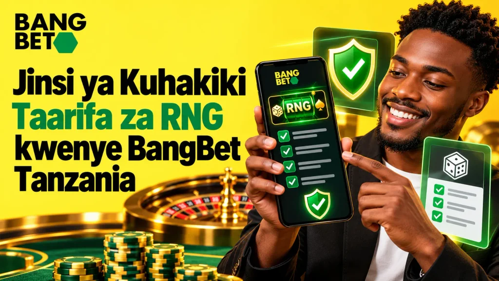 Jinsi ya Kuhakiki Taarifa za RNG kwenye BangBet Tanzania Mchezaji wa Kitanzania akitabasamu huku akionyesha skrini ya simu iliyo na orodha ya uthibitisho wa RNG kwenye mfumo wa BangBet.