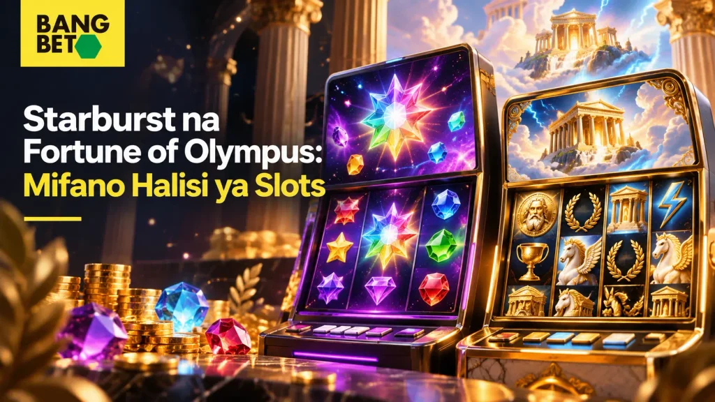 Mashine mbili za kasino za kidijitali zikionyesha michezo maarufu ya slots ikiwemo Starburst yenye alama za vito na Fortune of Olympus yenye mandhari ya miungu ya Ugiriki.