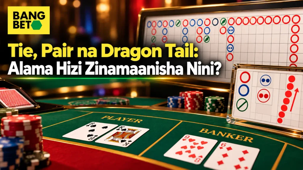 Ubao wa chati ya Big Road unaoonyesha alama za mistari ya kijani ya Tie, vitone vya Pair, na mfululizo mrefu wa madao unaotengeneza Dragon Tail.