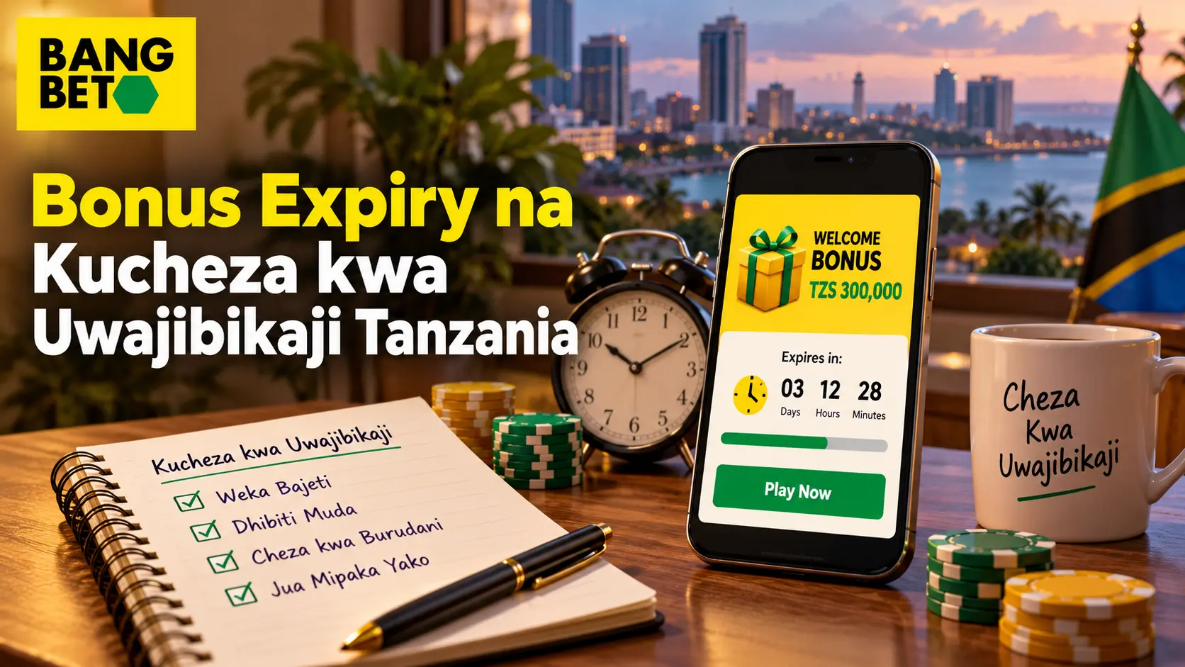 Daftari la kuweka bajeti na kikombe chenye ujumbe wa kucheza kwa uwajibikaji kando ya simu inayoonesha muda wa bonasi.