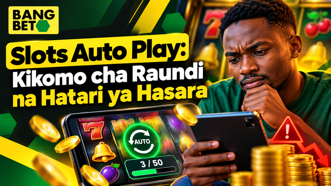 Mchezaji wa kiume akitazama skrini ya kibao (tablet) yenye mchezo wa slots na kitufe cha kijani cha Auto Play kikiwa kimesetiwa mizunguko 3 kati ya 50, kando ya mrundikano wa sarafu na alama ya tahadhari ya hasara.