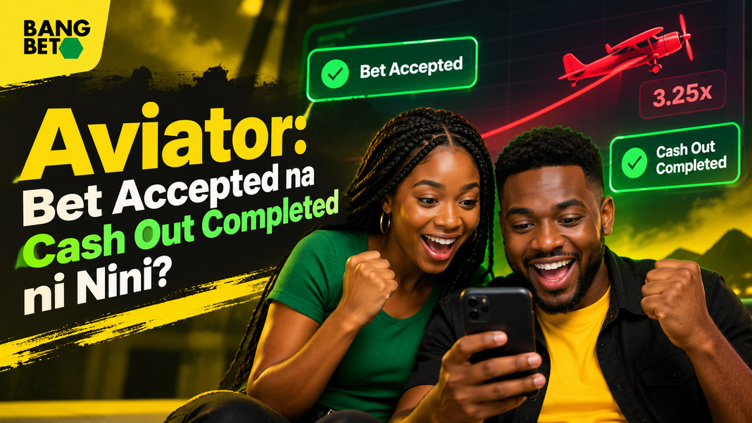 Kijana na binti wakishangilia kwa furaha wakiwa wanatazama simu ya mkononi yenye mchezo wa Aviator, ikionyesha ujumbe wa Bet Accepted na Cash Out Completed kando ya ndege nyekundu.