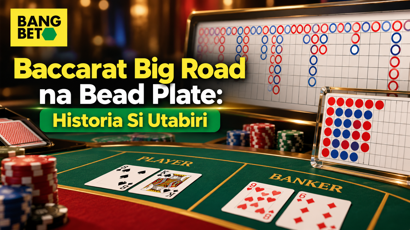 Meza ya mchezo wa Baccarat casino ikionyesha chati za Big Road na Bead Plate zenye madao ya rangi nyekundu na bluu kando ya kadi za Player na Banker.