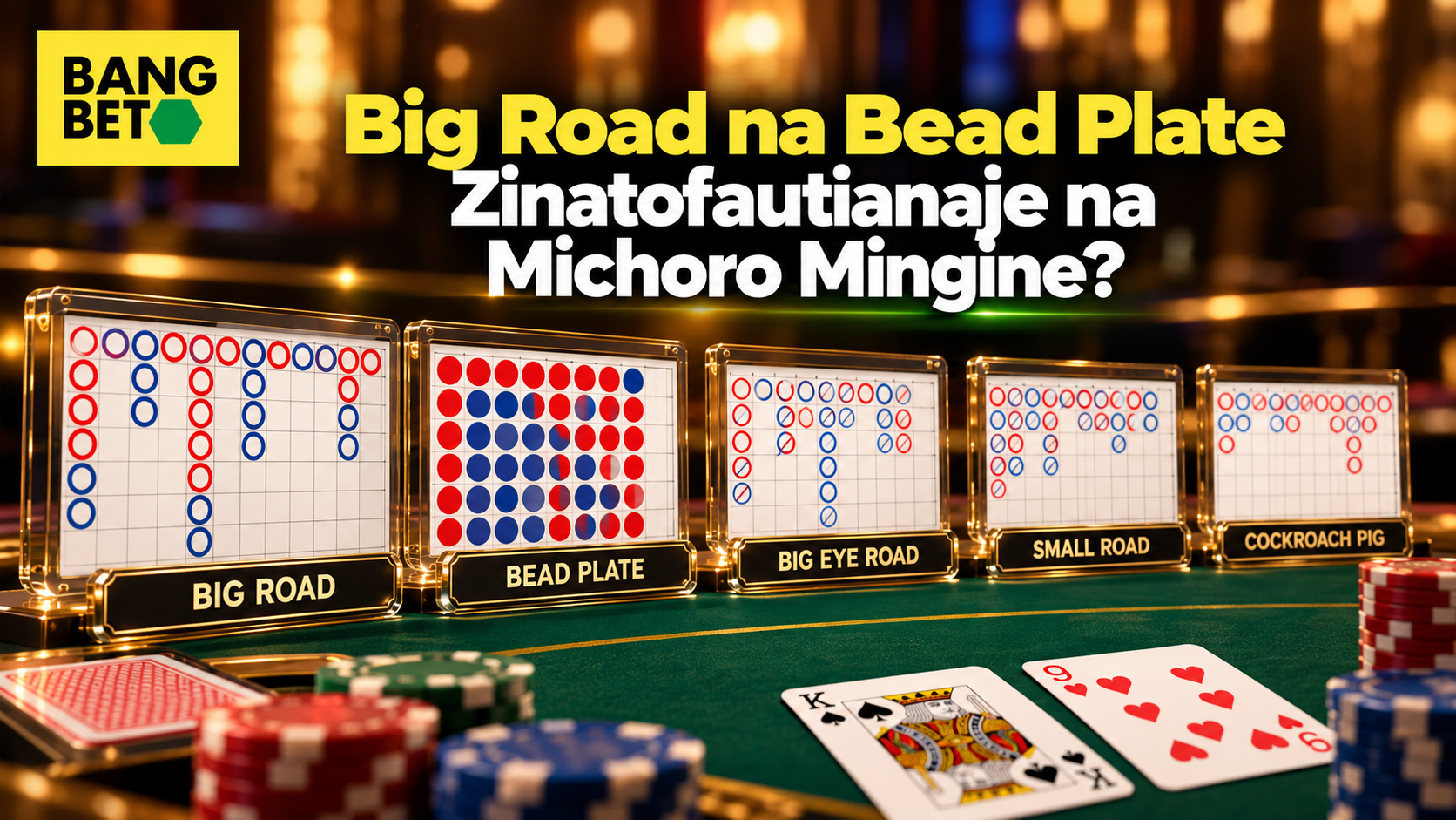 Mfululizo wa mbao za chati za Baccarat zikionyesha Big Road, Bead Plate, Big Eye Road, Small Road na Cockroach Pig kwenye meza ya mchezo.