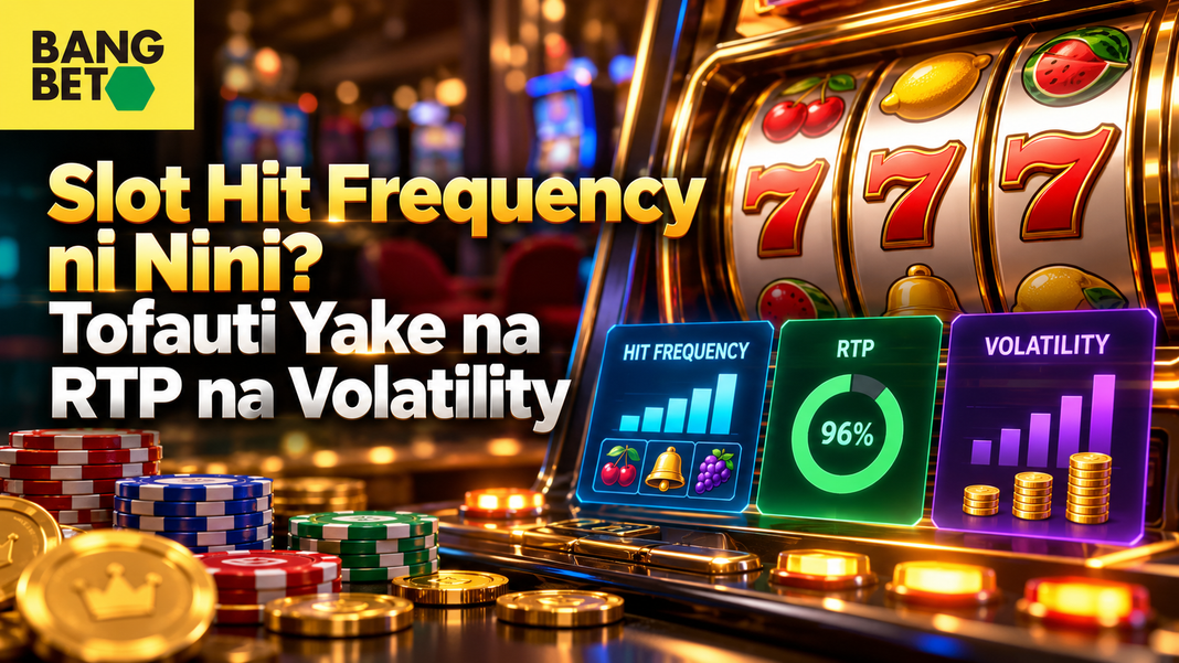 Mashine ya sloti ya kasino ikionyesha alama za namba saba na matunda, kando yake kukiwa na skrini zinazoelezea Hit Frequency, RTP, na Volatility.