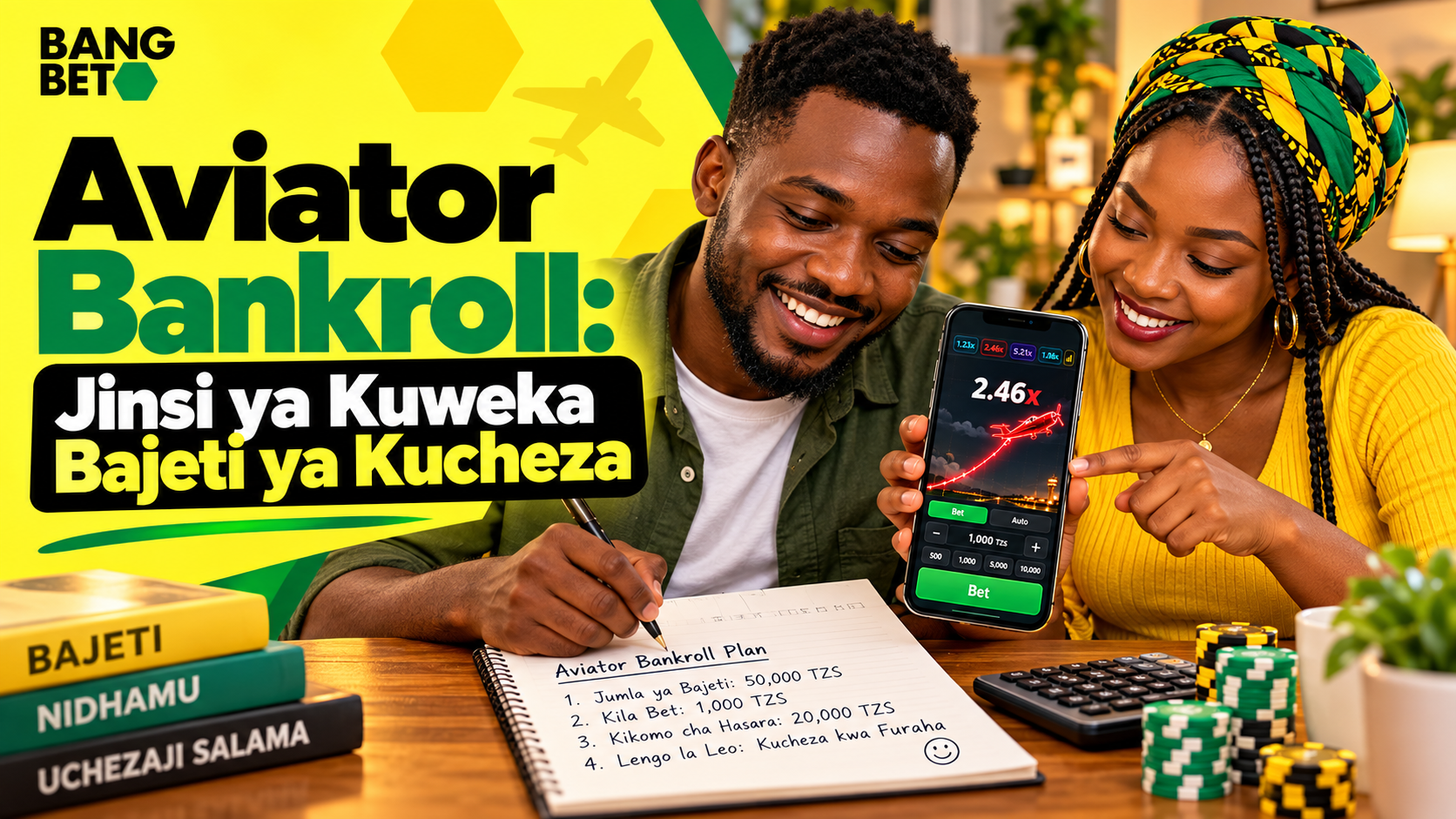 Watu wawili wakifurahia mchezo wa Aviator kwenye simu huku wakiandika mpango wa bajeti na sarafu za kasino mezani.