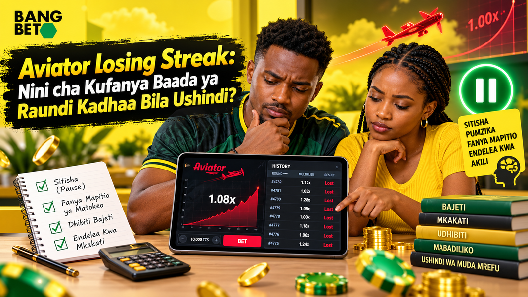 Vijana wawili wakitazama historia ya mchezo wa Aviator BangBet kwenye tablet na kupitia mkakati wa kudhibiti bajeti baada ya kukosa ushindi.