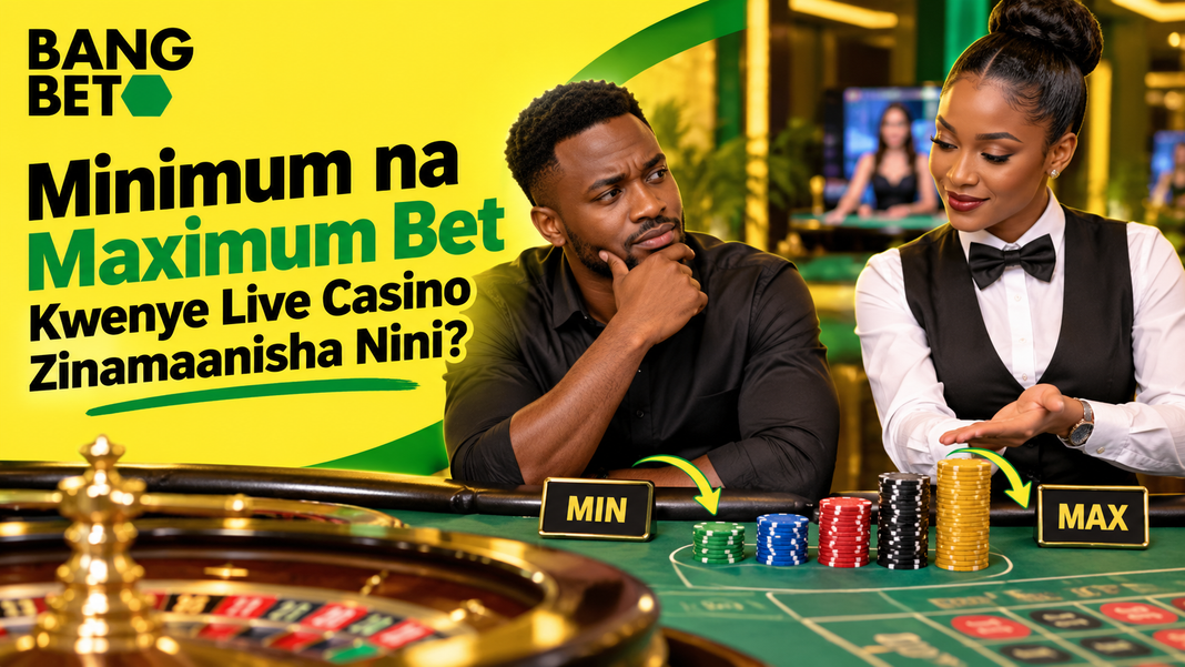 Mchezaji wa kiume akitafakari kwenye meza ya live casino huku muuzaji akionyesha alama za 'MIN' na 'MAX'.