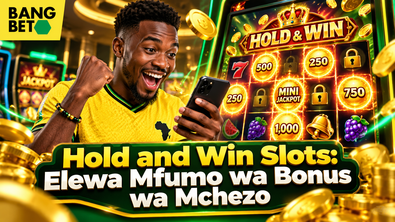 Wachezaji wawili wa Kitanzania wakitazama skrini inayoonyesha mfumo wa bonasi wa Hold and Win na kanuni za kucheza kwa uwajibikaji.