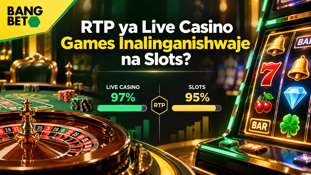Picha inayoonyesha grafu ya ulinganisho wa RTP (Return to Player) ambapo Live Casino ina asilimia 97% na Slots ina asilimia 95% kwenye jukwaa la kasino mtandaoni.