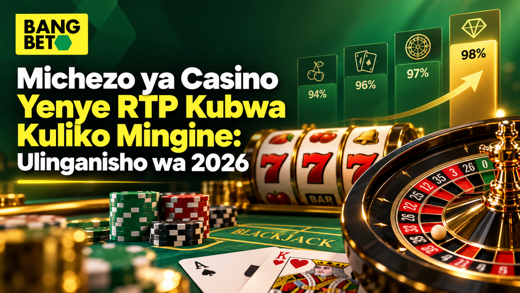 Picha inayoonyesha ulinganisho wa asilimia za RTP kutoka 94% hadi 98% kando ya meza ya Blackjack, Roulette, na mashine ya Slot za kasino.