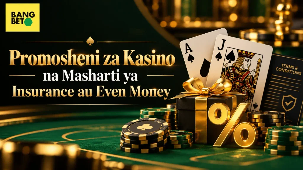 promosheni-za-kasino-na-masharti-ya-insurance-au-even-money Sanduku la zawadi la bonasi lililofungwa na utepe wa dhahabu kando ya kadi za Blackjack na hati ya vigezo na masharti.