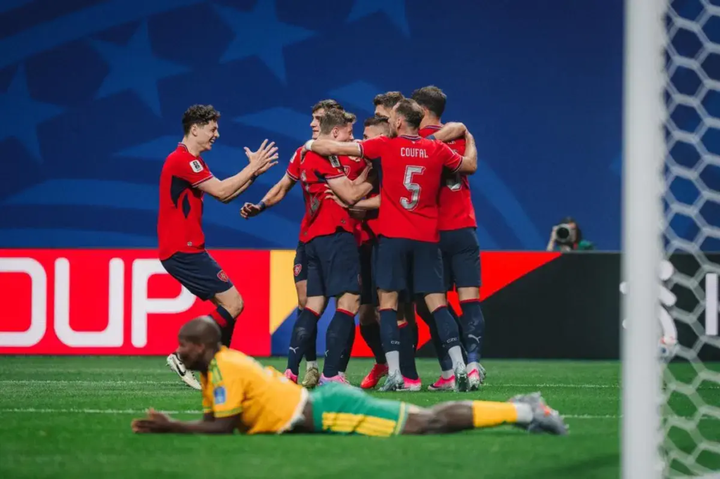 Czechia players celebrate a goal against South Africa during a FIFA World Cup 2026 match. 
