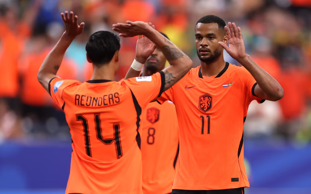 Netherlands players celebrate during an international football match