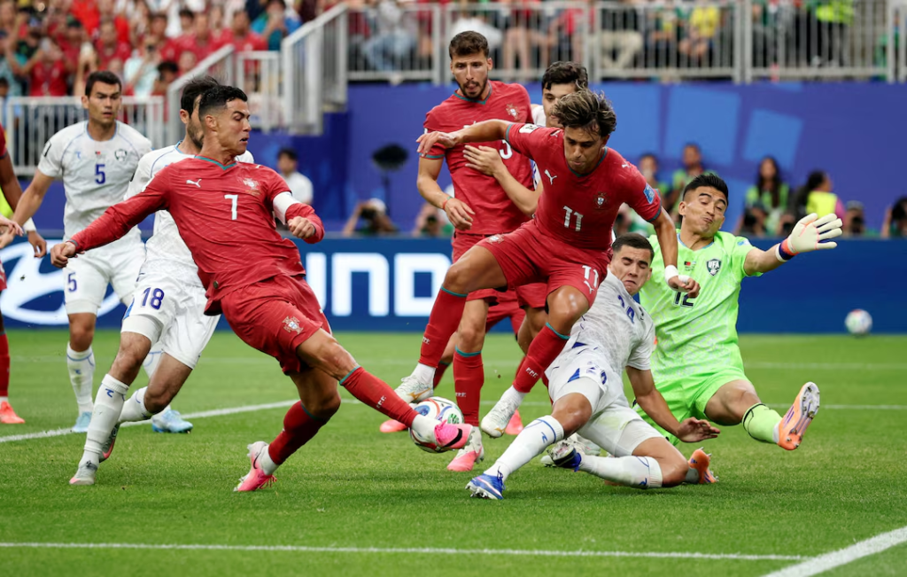 Portugal player shoots during an international football match
