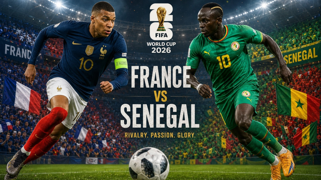 France vs Senegal FIFA World Cup 2026 match poster featuring star players from both teams facing off in a packed stadium.