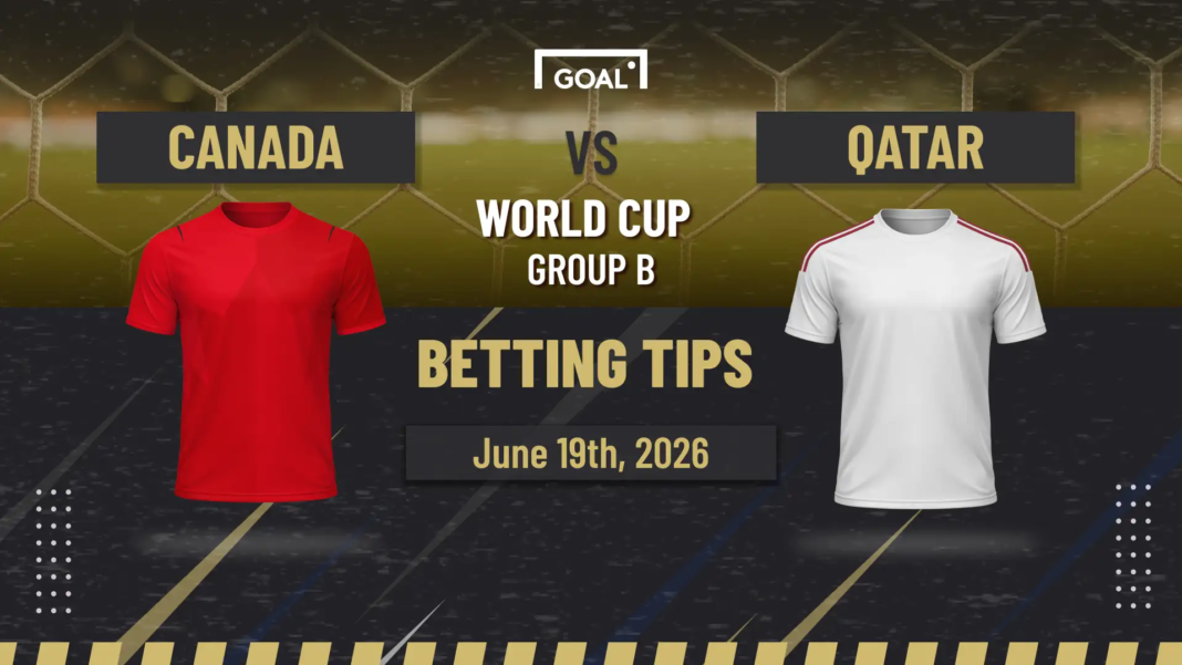 Promotional football betting tips graphic for the FIFA World Cup Group B match between Canada and Qatar on June 19, 2026, featuring red and white team jerseys against a stadium-themed background.