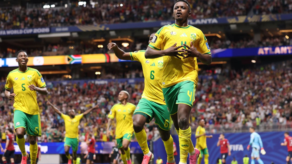 South Africa celebrates a goal in the FIFA World Cup match in Atlanta