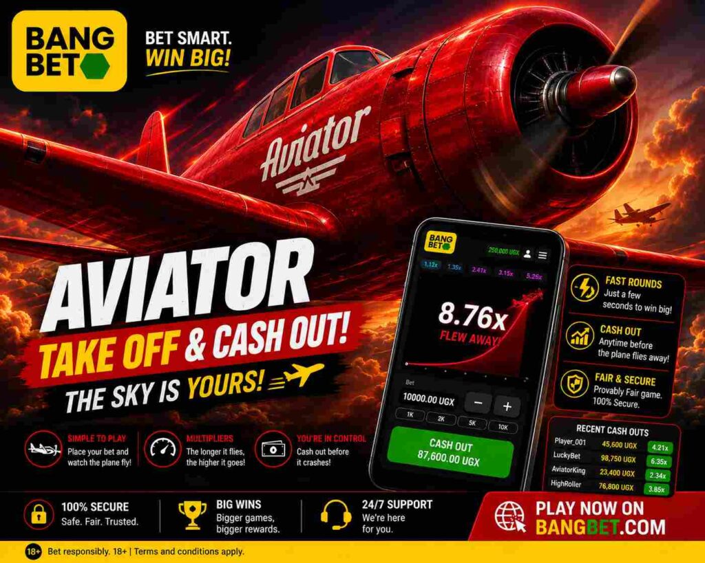 BangBet Aviator poster with a giant red airplane, smartphone game interface, and live multiplier display