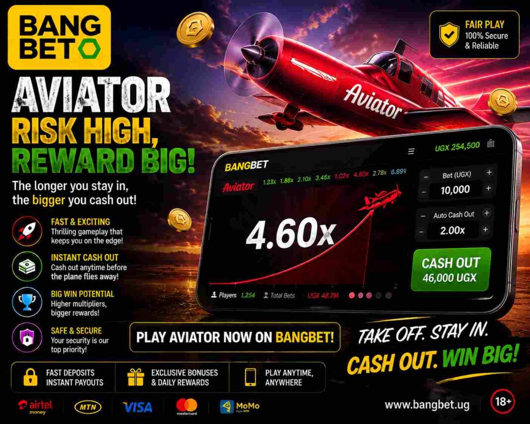 BangBet Aviator promotional banner featuring a red airplane, smartphone displaying the Aviator multiplier and cash-out screen, flight graphics, coins, and secure-play messaging.