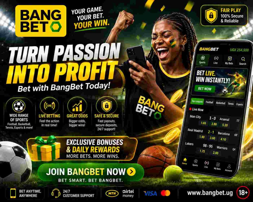 BangBet sports betting promotional banner featuring a football fan, mobile betting app with live odds, sports markets, bonuses, and secure betting features in a stadium setting.