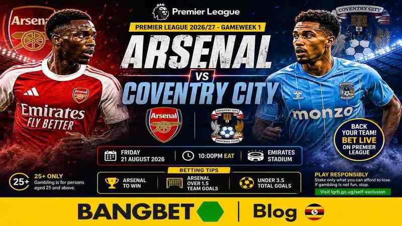 Arsenal vs Coventry City match graphic featuring players, team crests and Bangbet Blog branding.