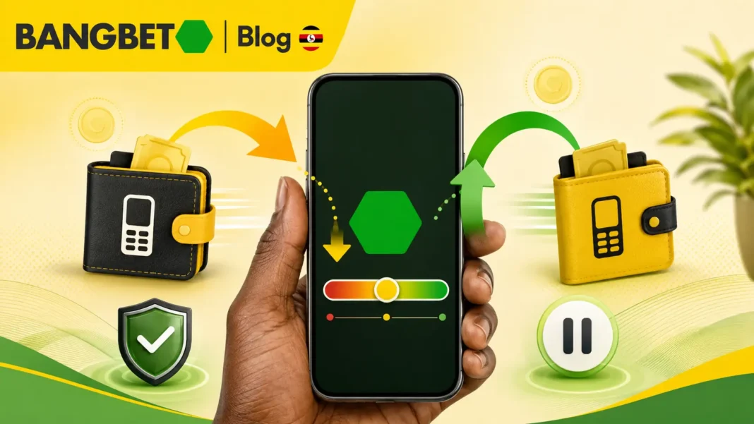 Bangbet Blog Uganda graphic showing a hand holding a smartphone between two mobile-money wallets, with deposit and withdrawal arrows, a limit slider, security shield and pause icon.