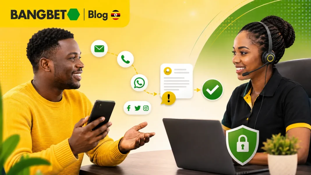 Bangbet Blog Uganda banner showing a man using a smartphone to contact a female support agent wearing a headset, with email, phone, WhatsApp, complaint-resolution and security icons.