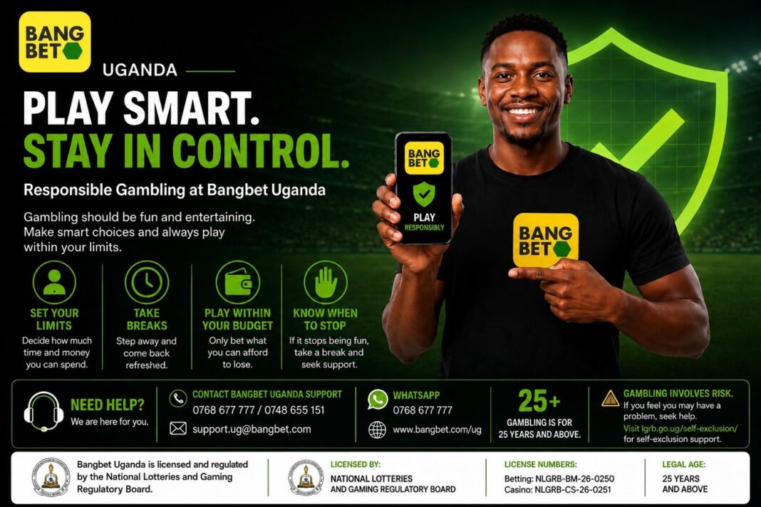 Bangbet Uganda responsible gambling flyer showing responsible play guidance, 25+ age restriction, customer support contacts, self-exclusion information and 2026 betting and casino licence details.