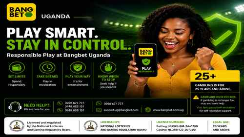 Bangbet Uganda responsible gambling graphic featuring a woman holding a phone, responsible play tips, 25+ age requirement, support contacts, self-exclusion information and licensing details.