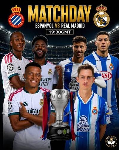 Espanyol vs Real Madrid match graphic featuring both teams’ crests, players, stadium background and matchday details.