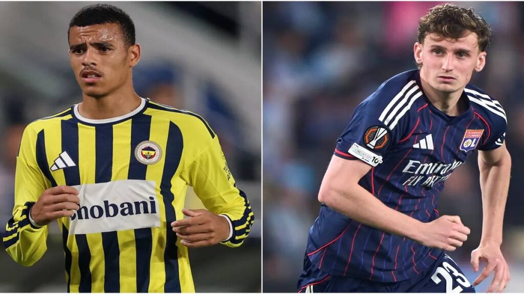 Split-screen image showing Fenerbahçe and Lyon players ahead of their UEFA Champions League qualifying match