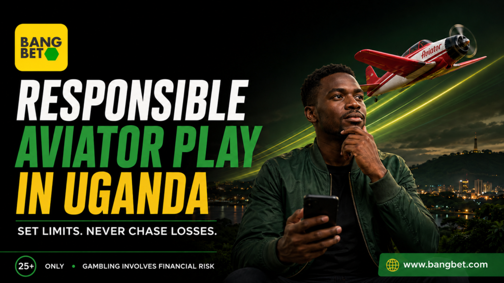 Bangbet Uganda responsible Aviator play graphic featuring a man holding a smartphone, an aircraft, the official Bangbet logo and a 25+ gambling-risk warning.