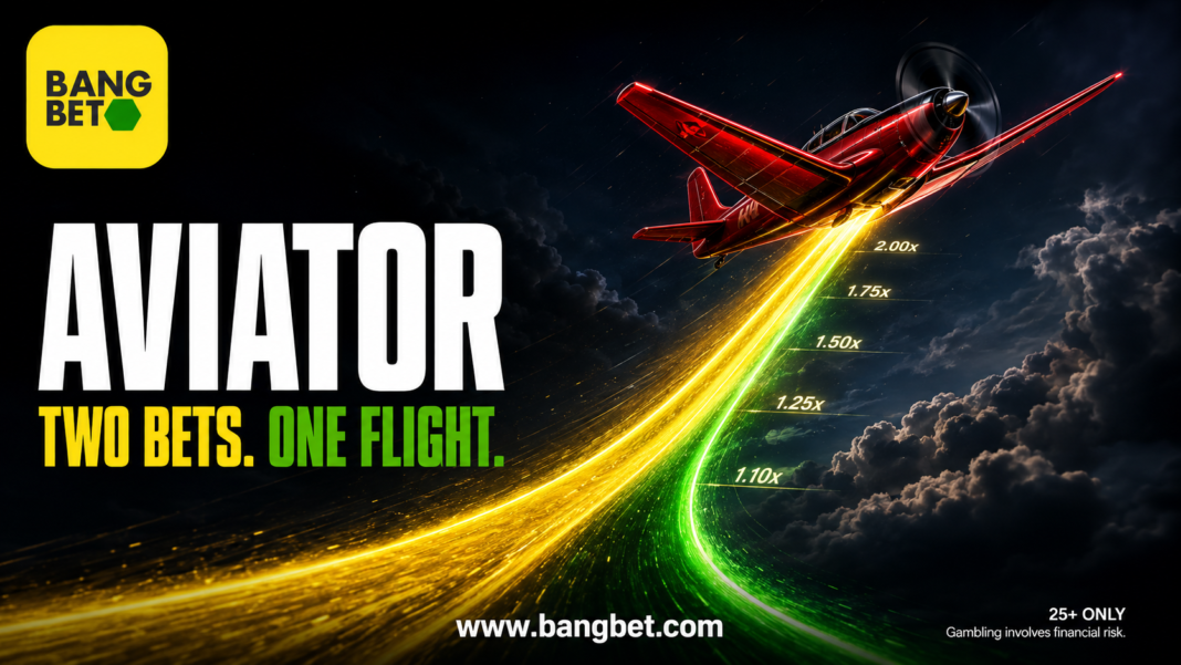 Red aircraft flying above two glowing yellow-and-green paths that merge into one, with the Bangbet logo, Aviator headline, website and 25+ warning.