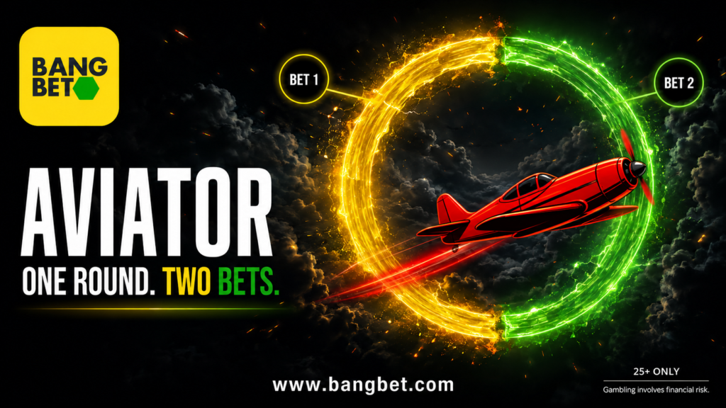 Bangbet Uganda Aviator poster showing a red plane flying through a yellow-and-green ring labelled Bet 1 and Bet 2, with the website and 25+ warning.