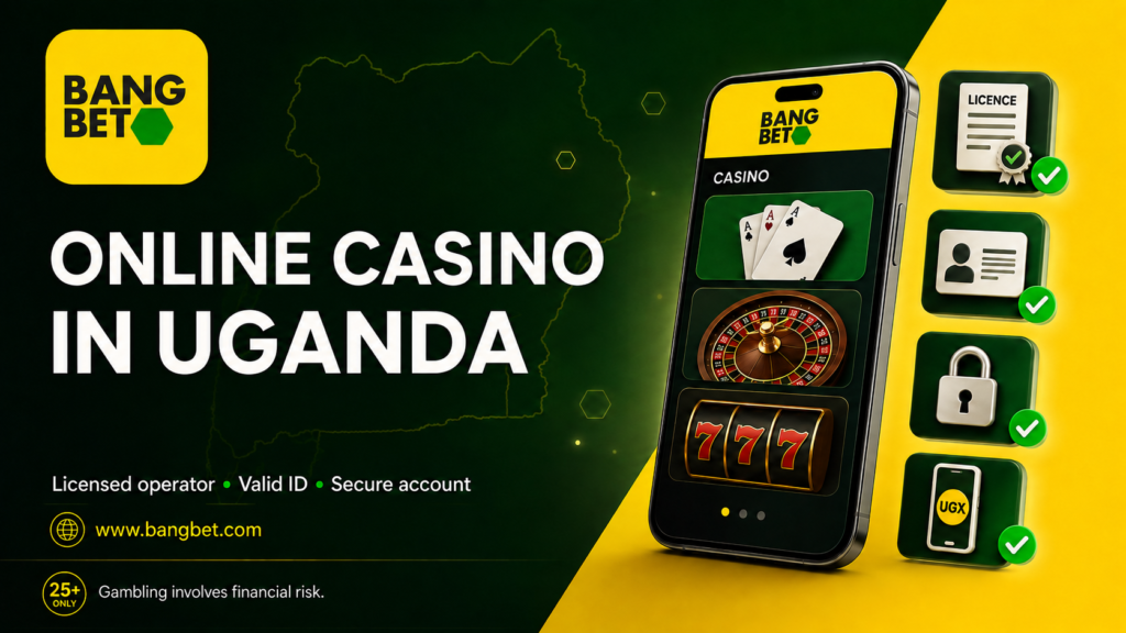 Bangbet Uganda graphic featuring a casino phone interface, Uganda map, licence, identification, security and mobile-payment icons, with a 25-plus warning.
