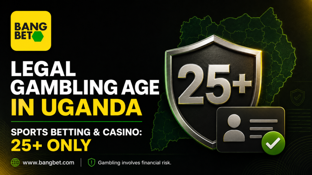 Bangbet Uganda logo beside a Uganda map, identification card and 25+ age-restriction shield.