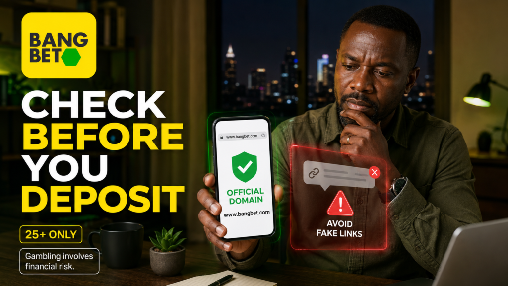 BangBet responsible betting graphic showing a man checking the official BangBet website on a smartphone, with warnings to verify the official domain and avoid fake links.